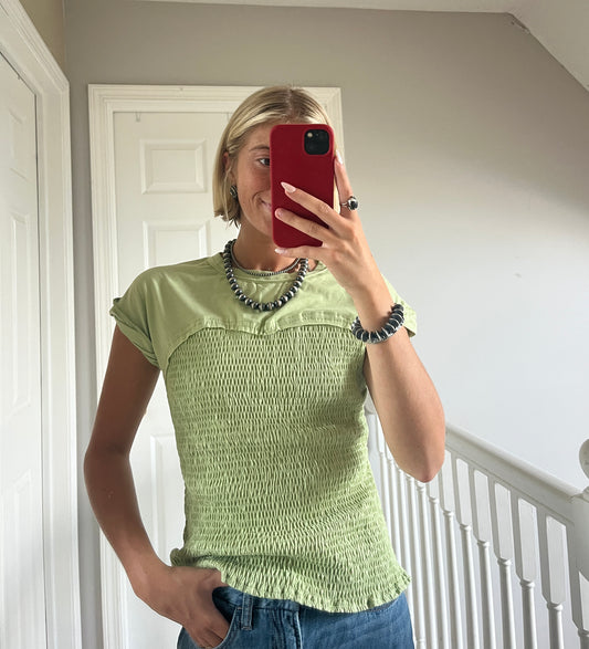 Green Sweetheart Smocked Top