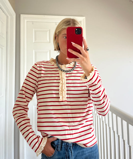 Red Ruffle Detail Striped Top