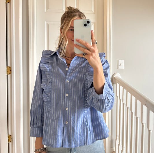 Blue Striped Ruffle Button Down