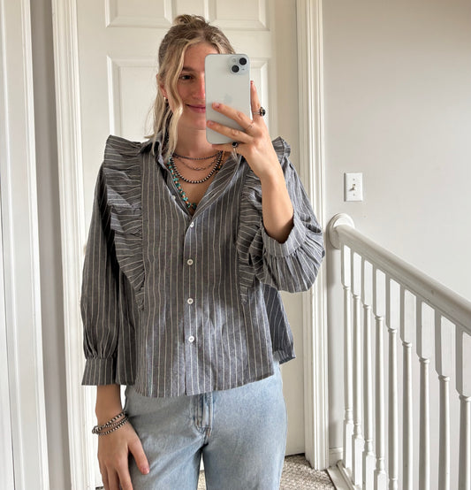 Grey Striped Ruffle Button Down